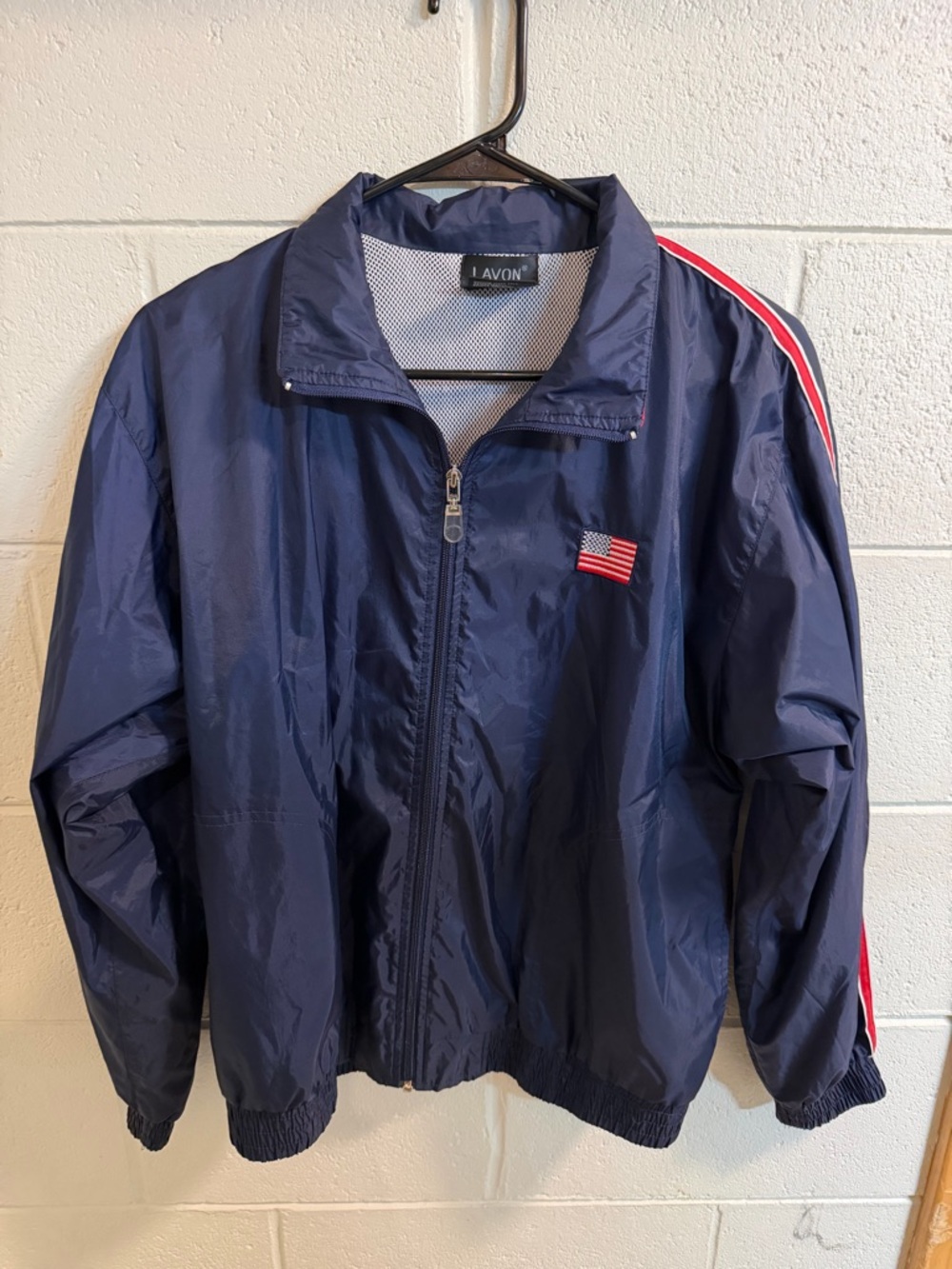 Lavon  Navy Windbreaker with Red & White Shoulder Stripes, size medium